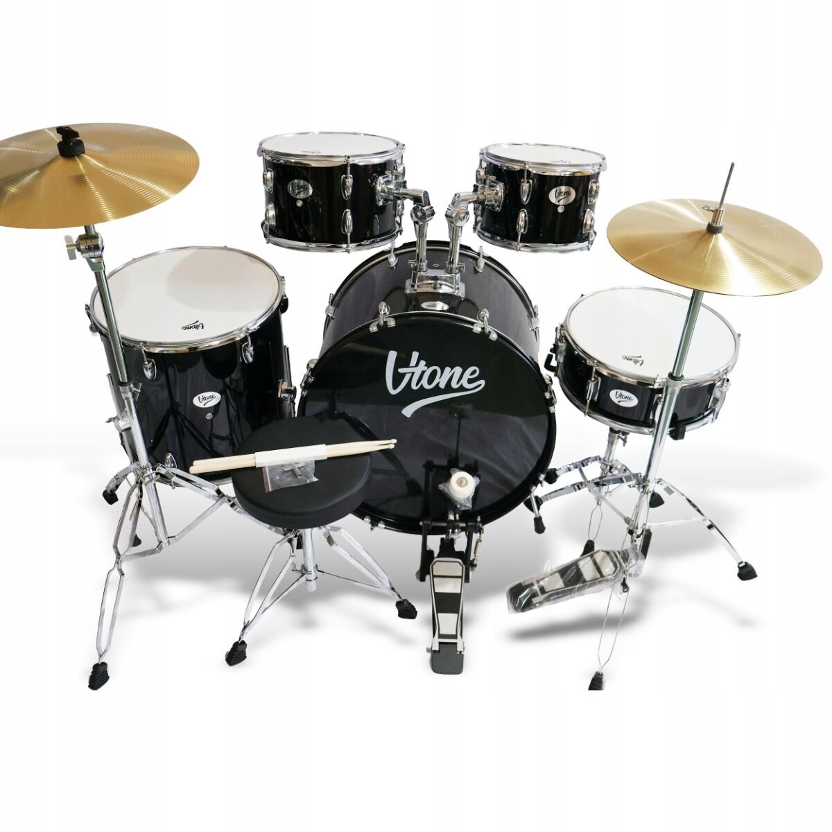 Černá Akustická Bicí Souprava Činely Bubny Paličky Stolička