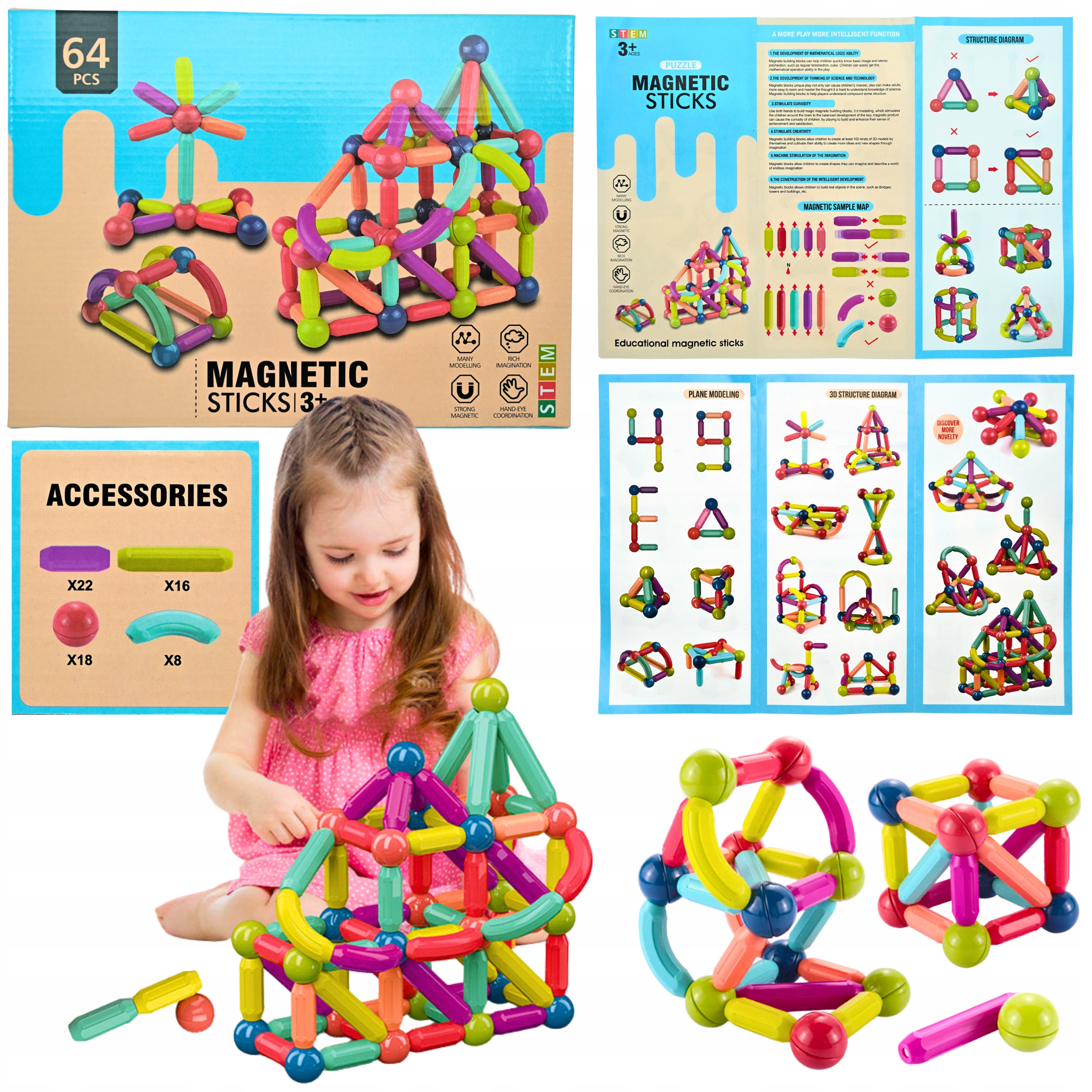 KLOCKI EDUKACYJNE MAGNETYCZNE KONSTRUKCYJNE MAGNETIC STICKS 64 el. DIY STEM