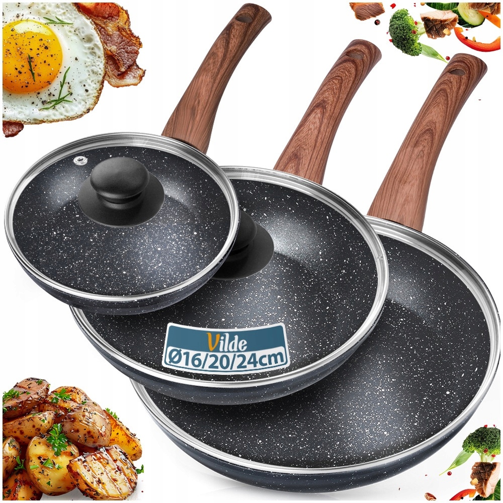 3x Granitová pánev na smažení dušení sada s poklicí 16 20 24 cm