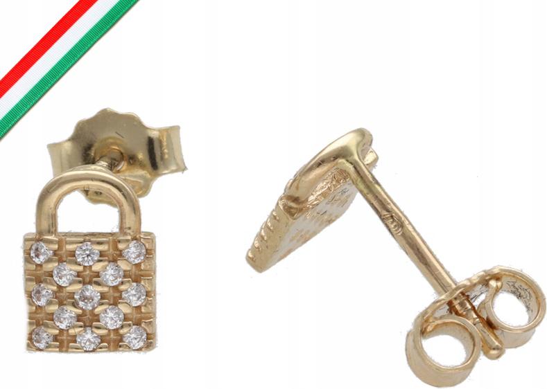 Zlaté náušnice 585 visací zámky se zirkony 1,38g elegantní pro ni na tyčinku