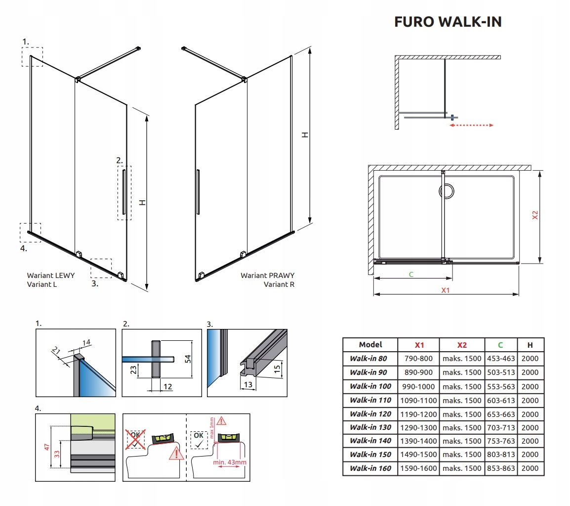 Kabina ścianka walk-in RADAWAY Furo 80x200 PRAWA Linia Furo walk-in