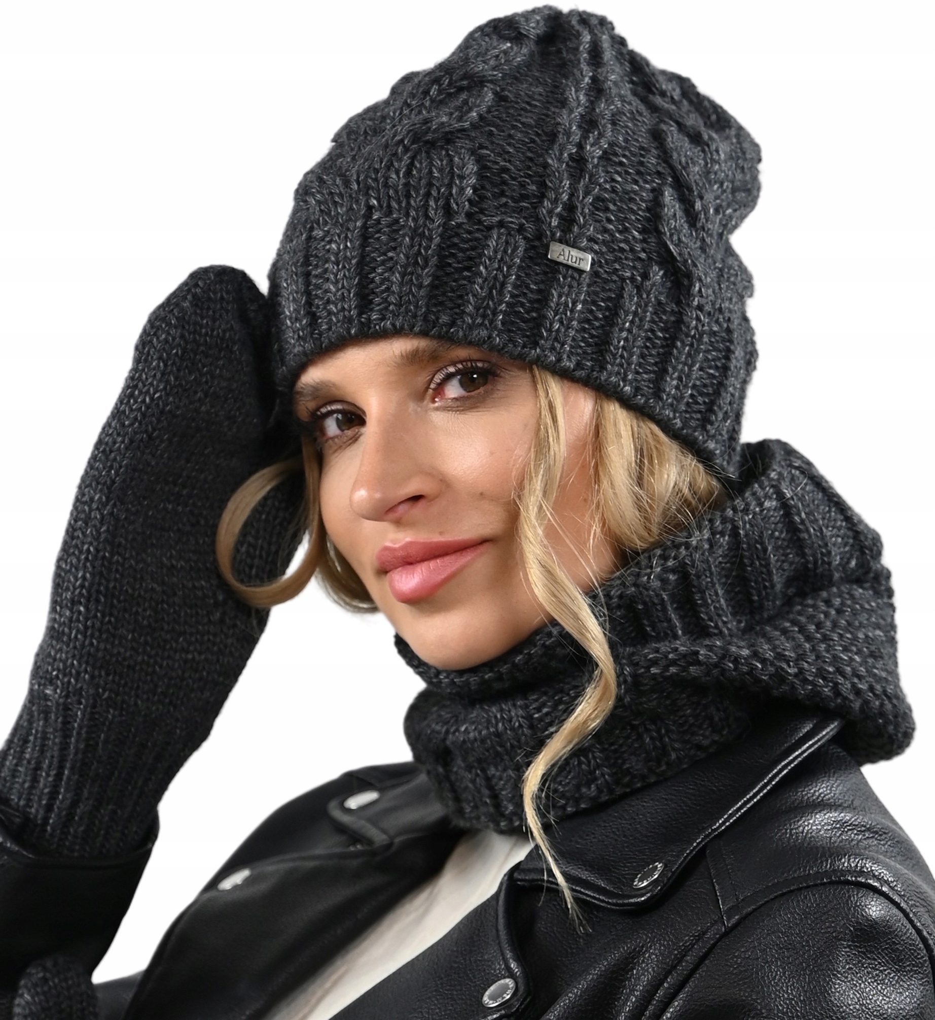 Sada Čepice Nákrčník Rukavice grafit zimní sada pro ženy Polský teplá