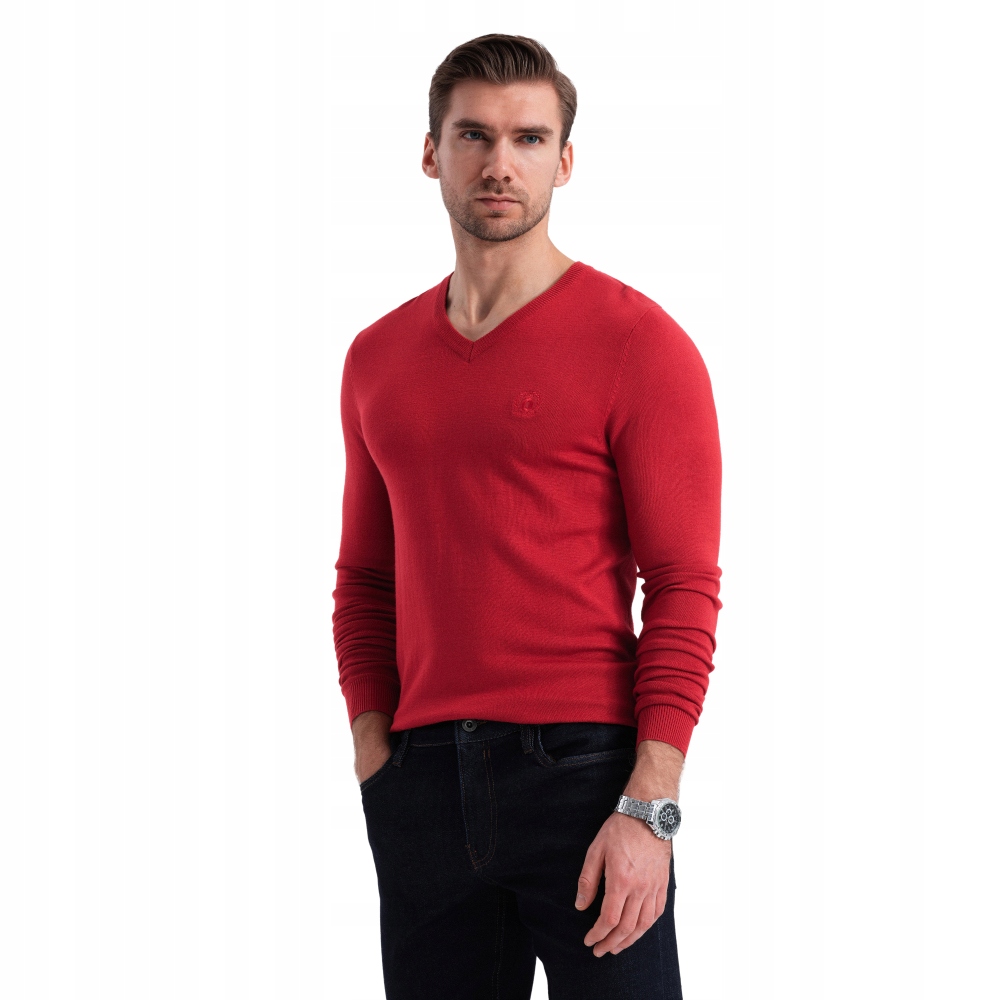 Klasický pánský svetr s červeným výstřihem do V-Neck V20 OM-SWBS-0107 vel. L