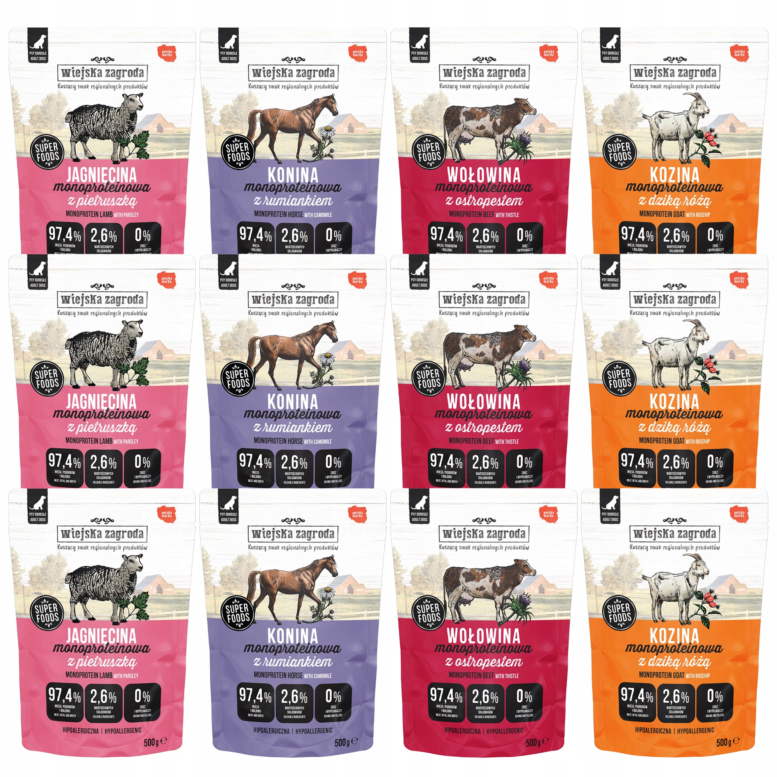 Wiejska Zagroda Monoproteinové vlhké krmivo pro psy mix chutí 12 x 500 g