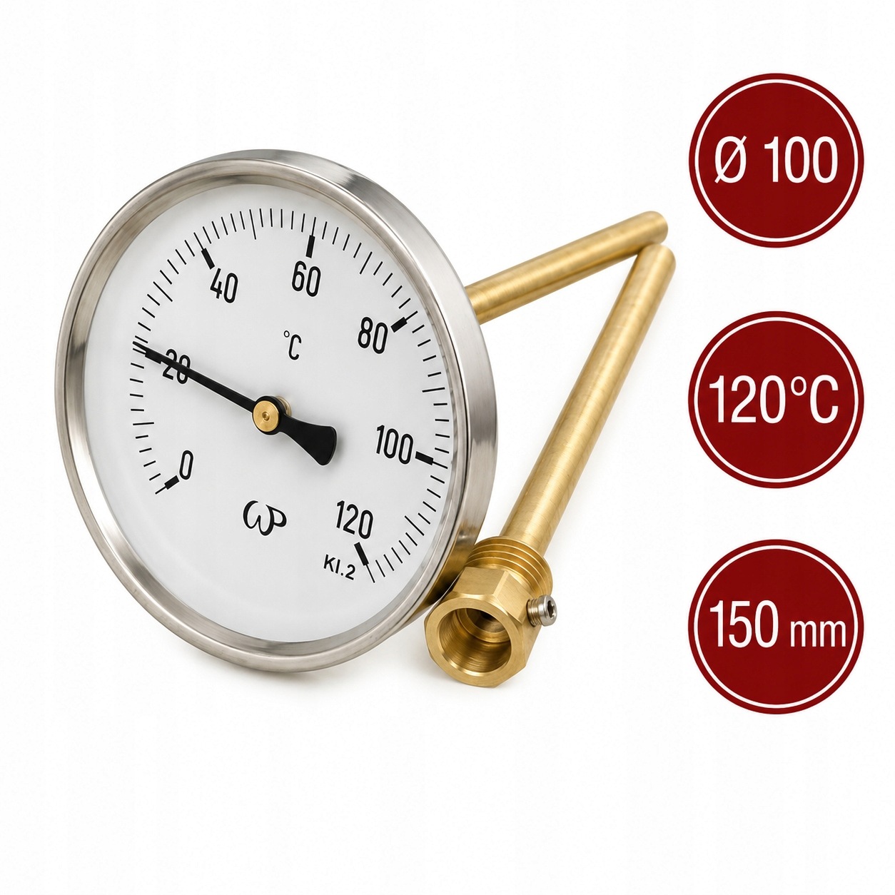 Bimetalový kotoučový teploměr TB100 0–120°C R150 s mosazným krytem G1/2
