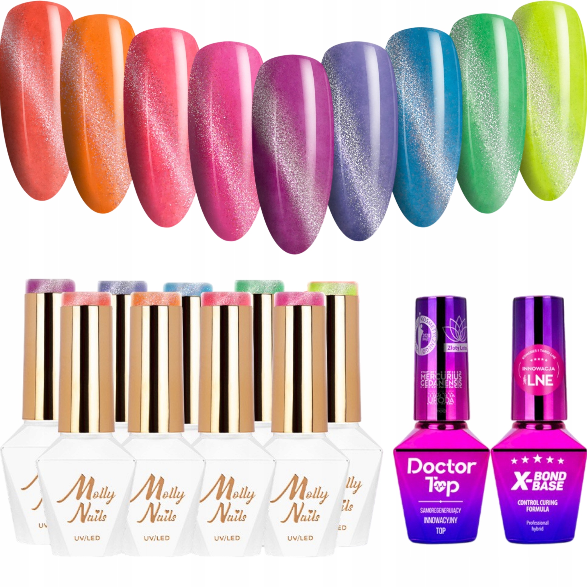9 x Hybridní lak Mollynails 8 g Neon Flashy Cat Eye Báze Top Set