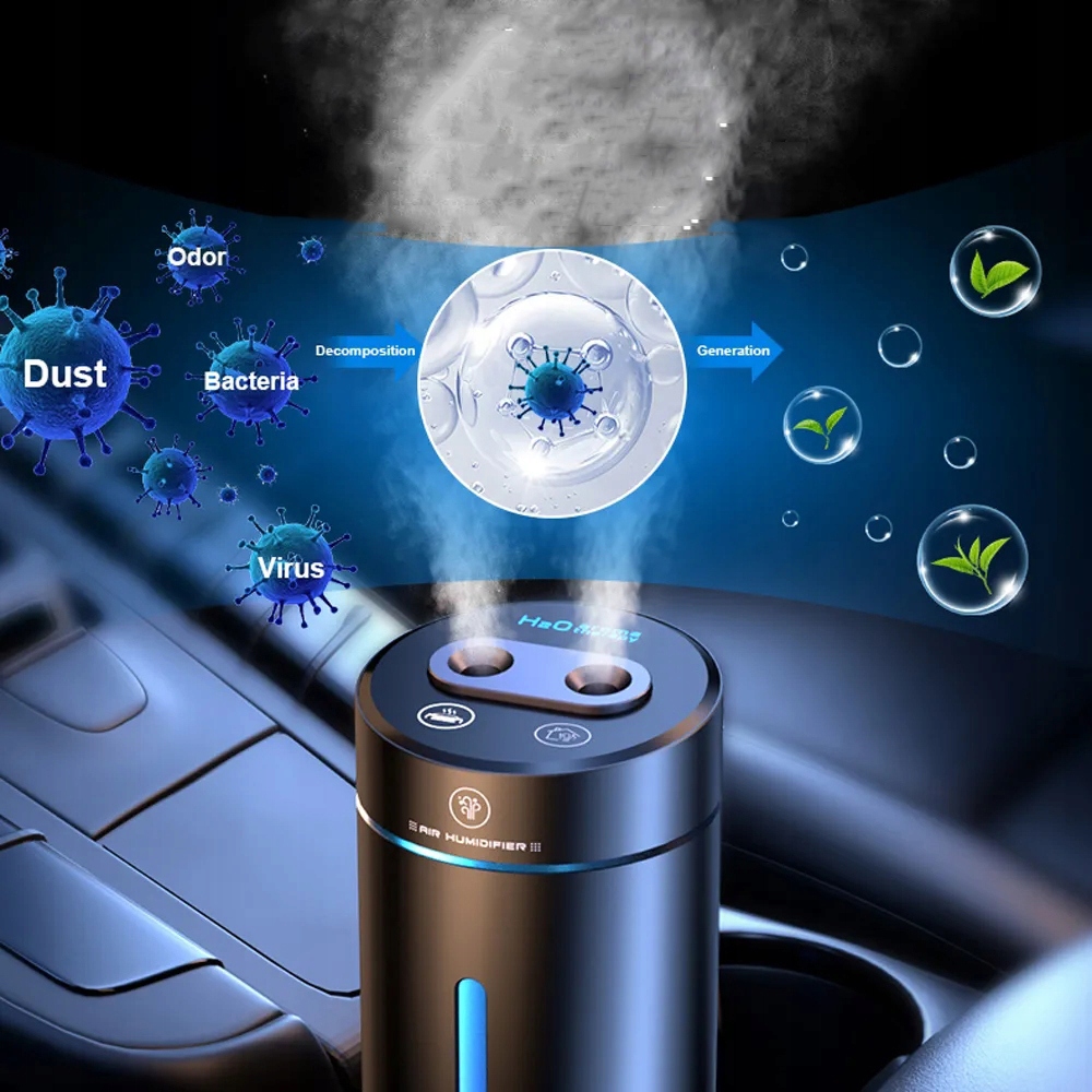 SAMOCHODOWY NAWILŻACZ POWIETRZA, KOLOROWE ŚWIATŁO LED, 3 TRYBY ROZPYLANIA Marka inna