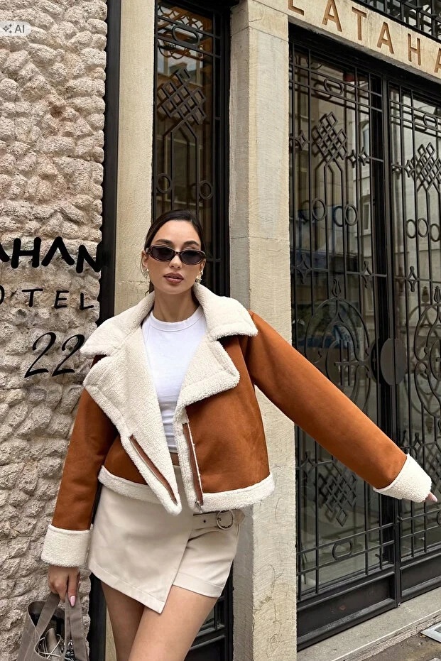 Krátká Dámská Bunda Mokka S Bílým Kožíškem Elegantní S 5IA