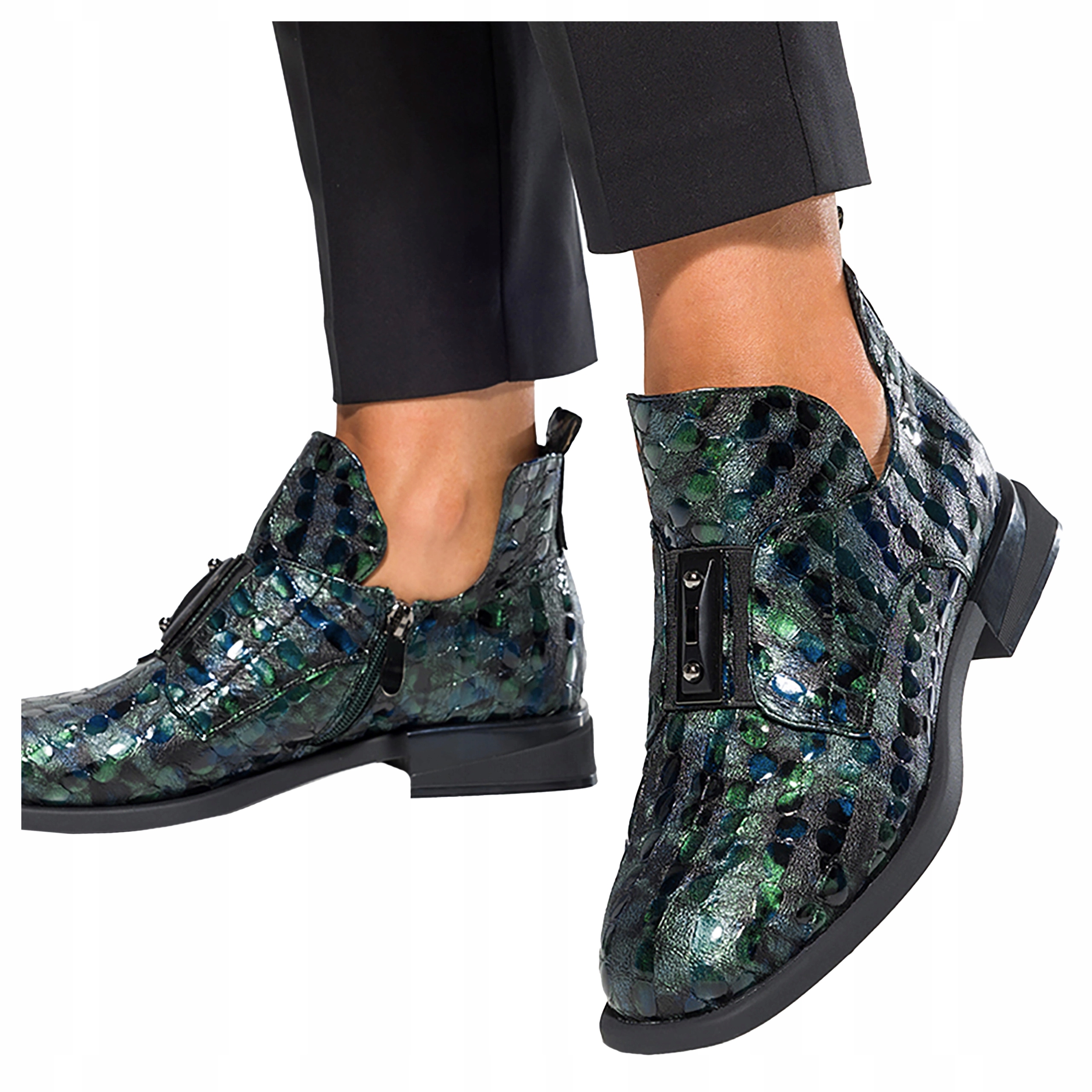 Kožené dámské Kotníkové Boty Zelené krokodýli Ozdobný vzor Podpatek Klocek vel. 40