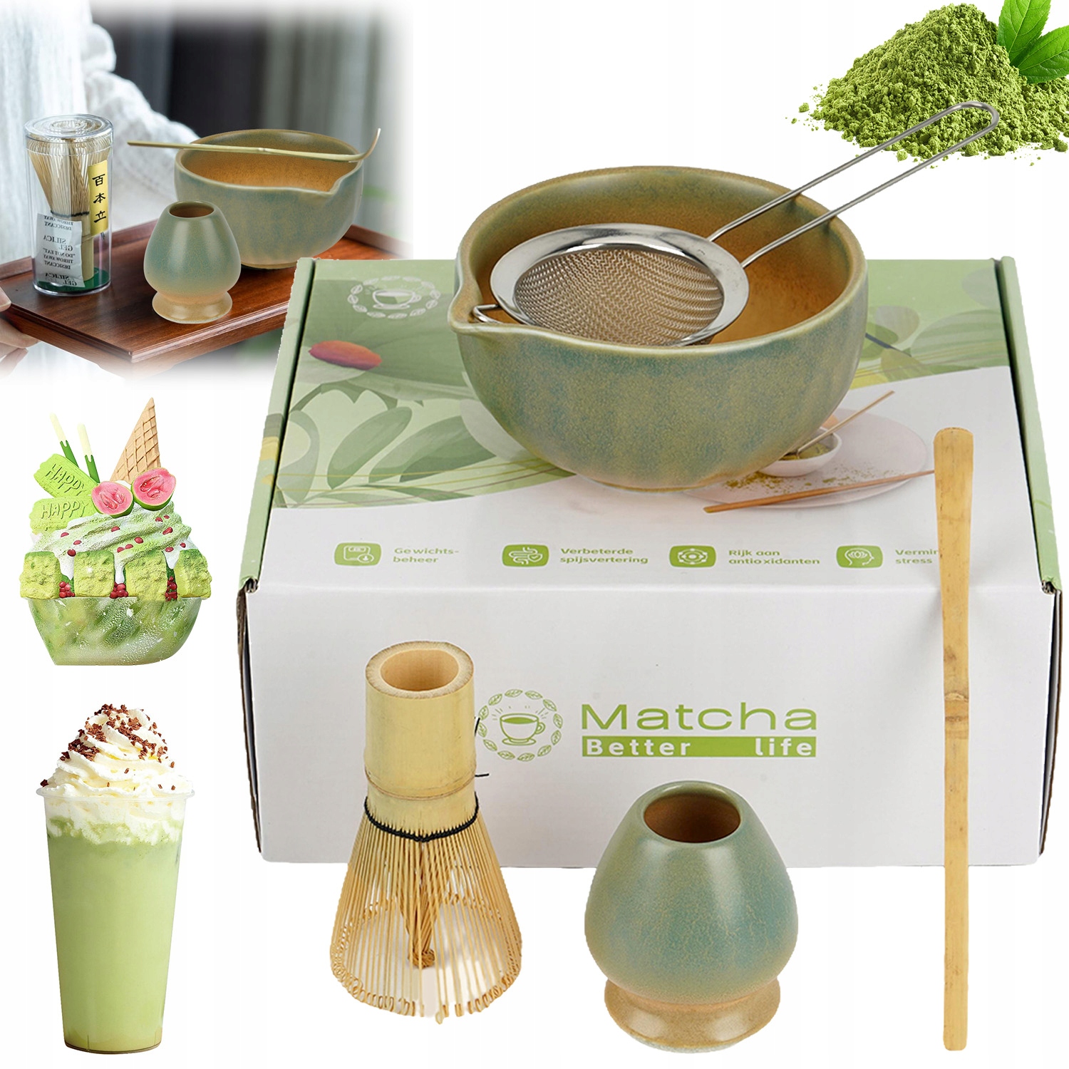 Levně Bambusová Sada Na Přípravu Matcha: Metlička, Lžička, Sítko, Miska, Podstavec