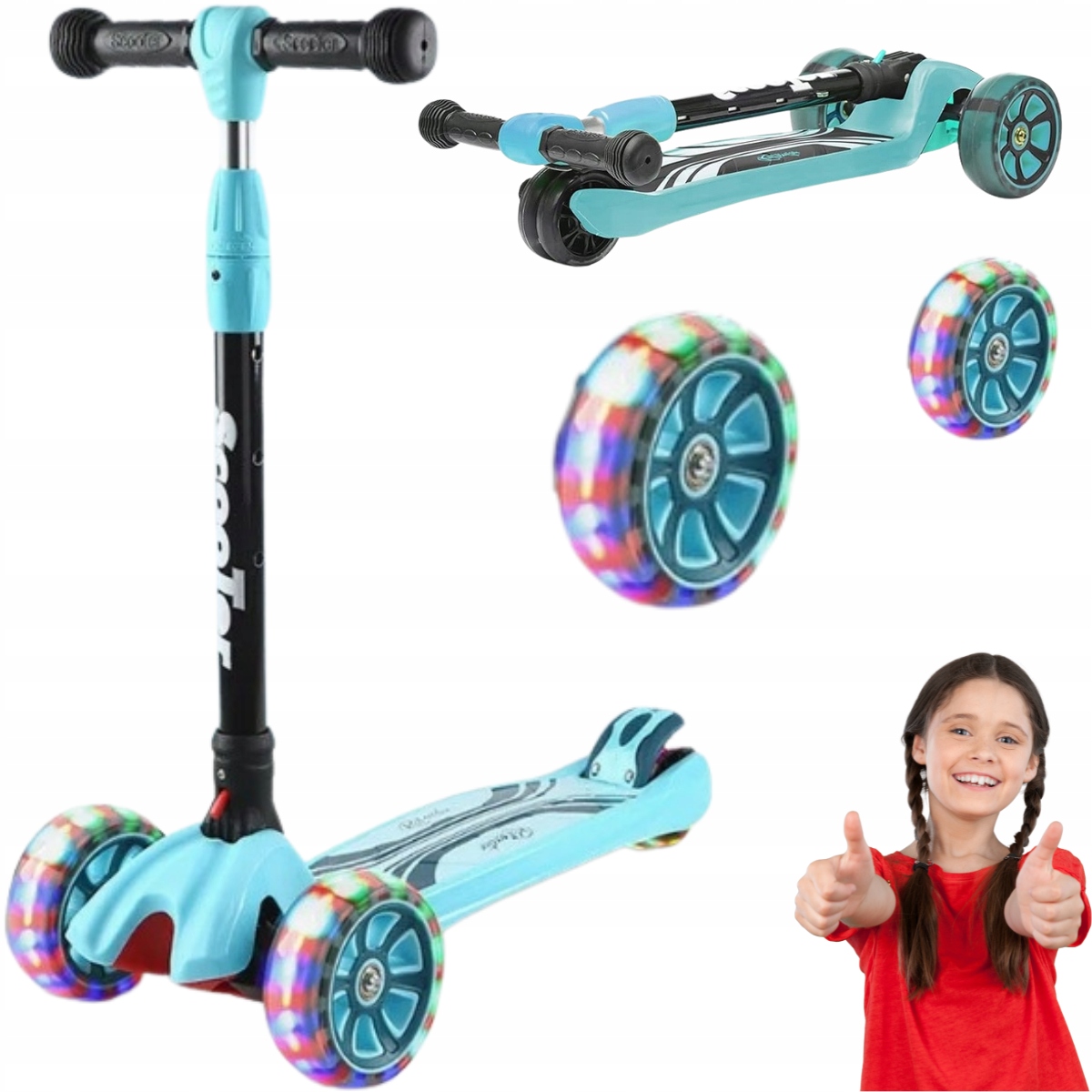 Hulajnoga Trójkołowa Led Składana Wytrzymała Do 80KG Regulowana Kierownica