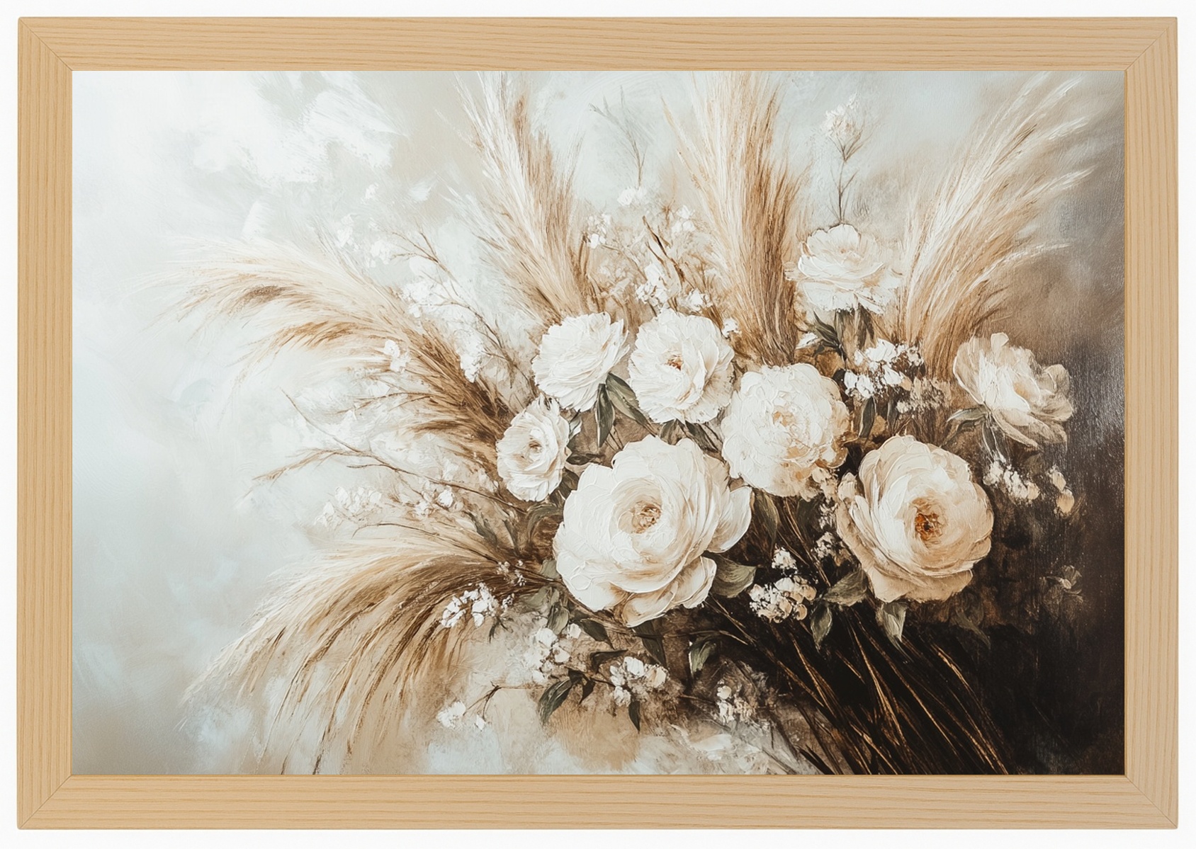 Plakát Rámeček Dřevo Kytice Tráva Pivoňka Růže Kompozice Boho 60x40