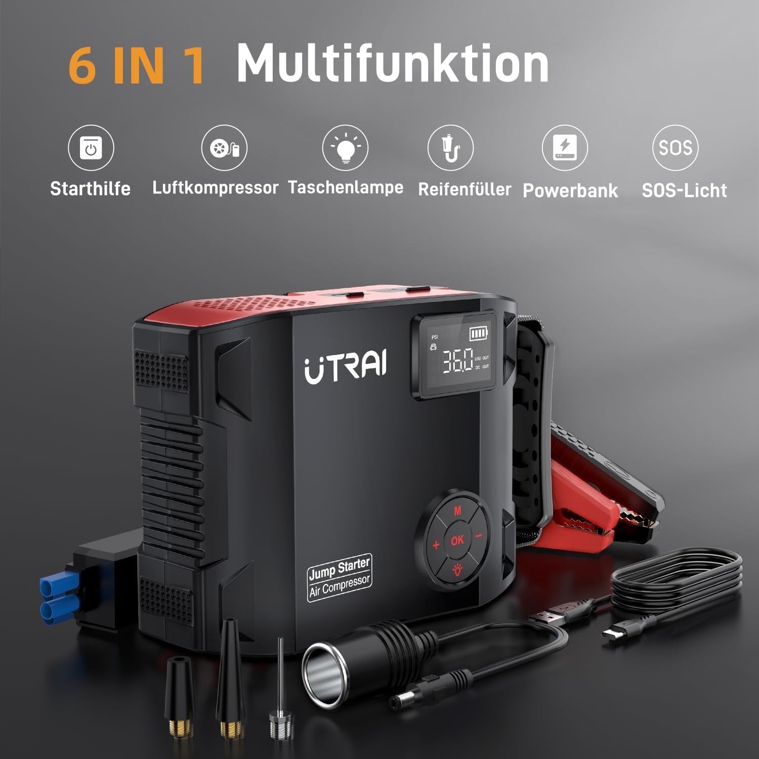 UTRAI Powerbank 7000A 27000mAh z Kompresorem i Latarką LED 1600 Lumen — miniatura 3