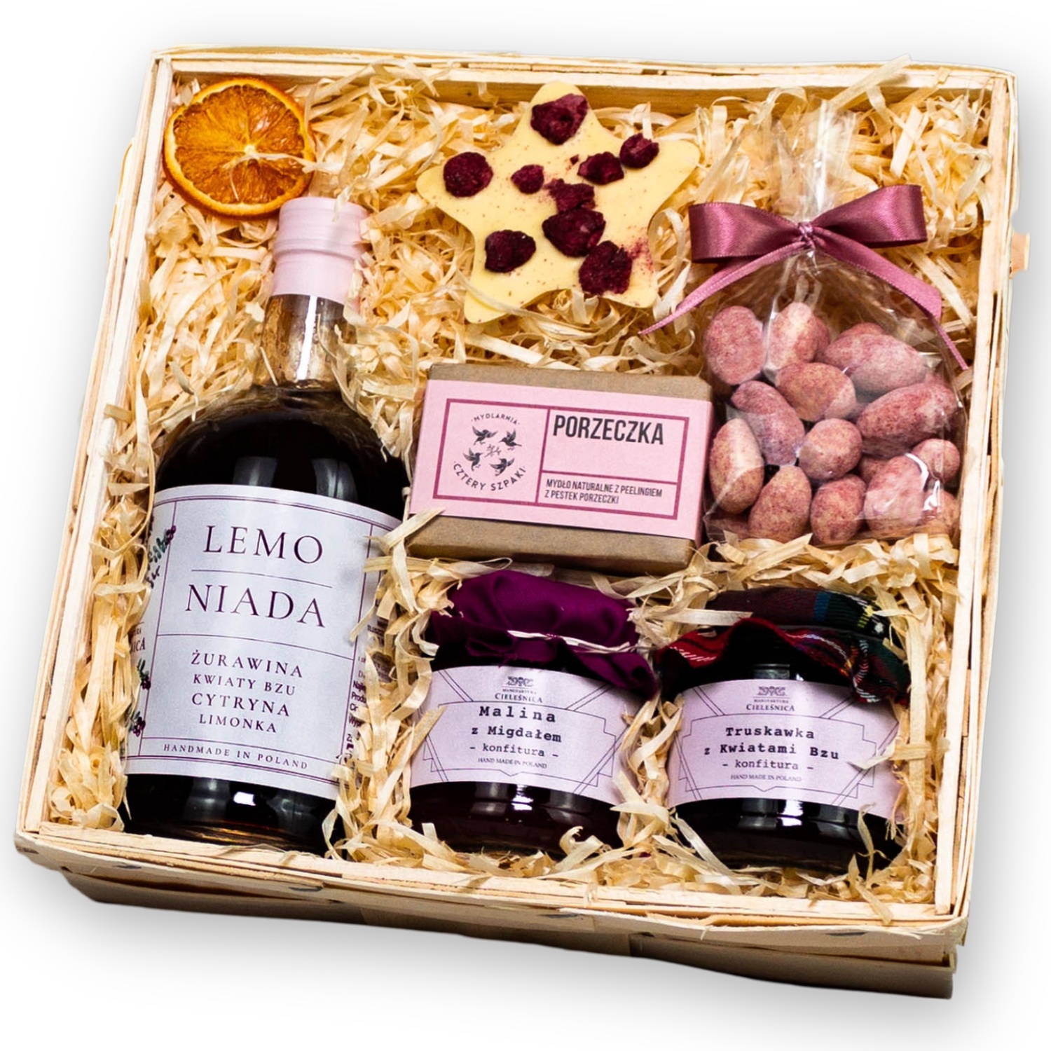 Kosz Prezentowy dla kobiety na Dzień Kobiet lemoniada mydło czekolada