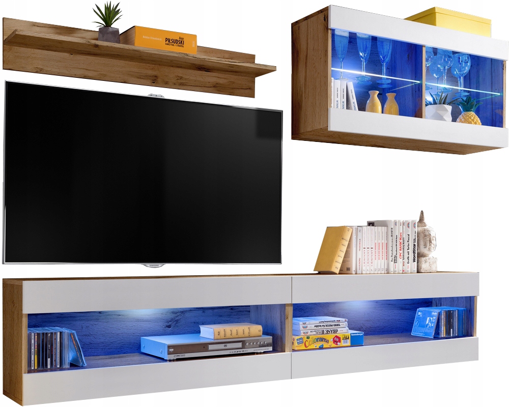 Sada nábytku Rtv Tivoli SET6 Dub Wotan/Biela, Modré Led diódy