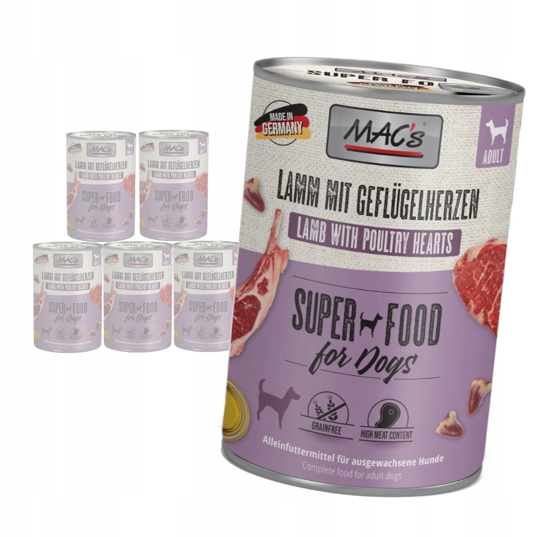 Levně MAC's Dog Bezobilné Vlhké Krmivo pro psy Jehněčí a drůbeží srdce 6 x 400 g