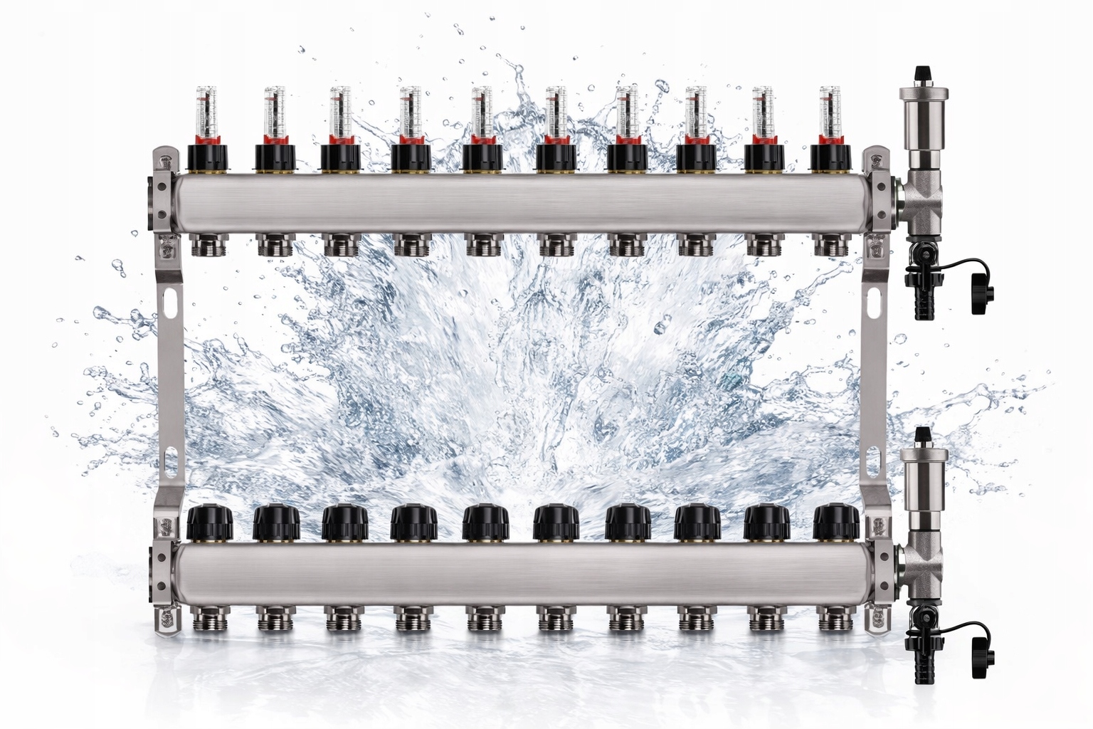 Nerezový rozdělovač pro podlahové vytápění s 10 okruhy