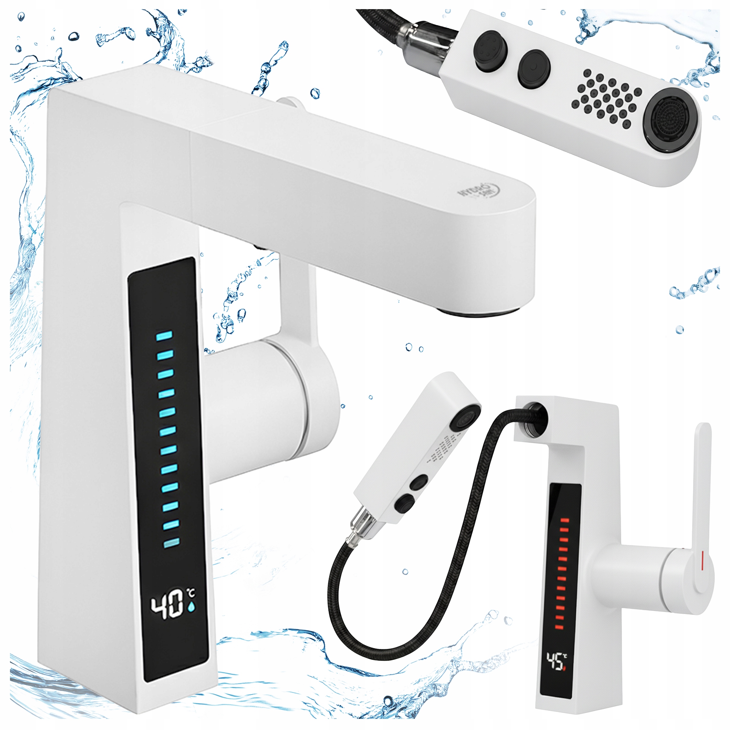 Bateria Umywalkowa Stojąca Do Łazienki Z Wyciąganą Wylewką Biała Nowoczesna