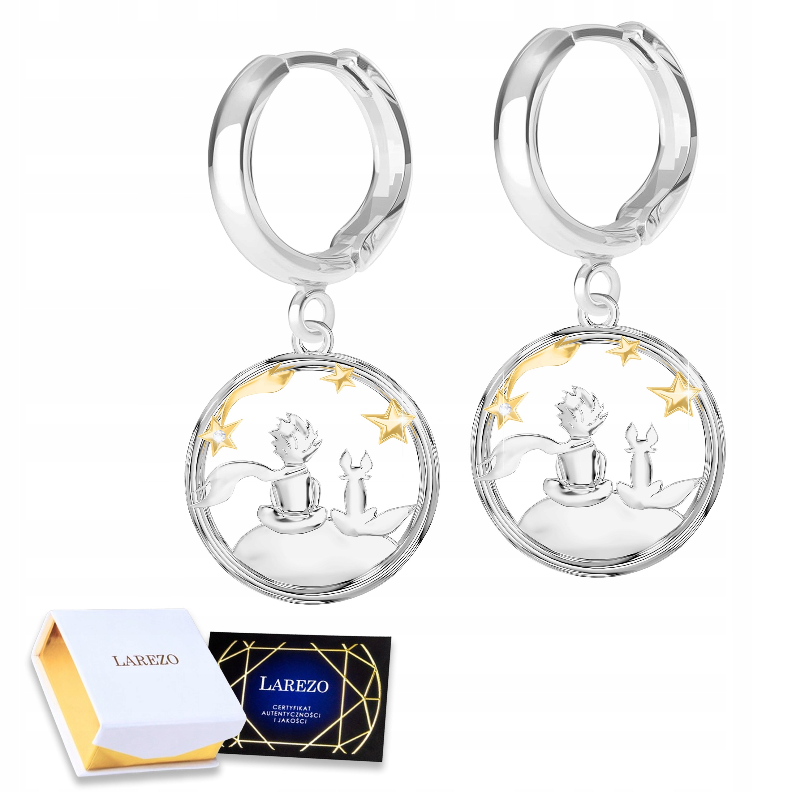 Stříbrné Náušnice 925 Malý chlapec Liška Hvězdy Vesmír Planeta Hvězdičky