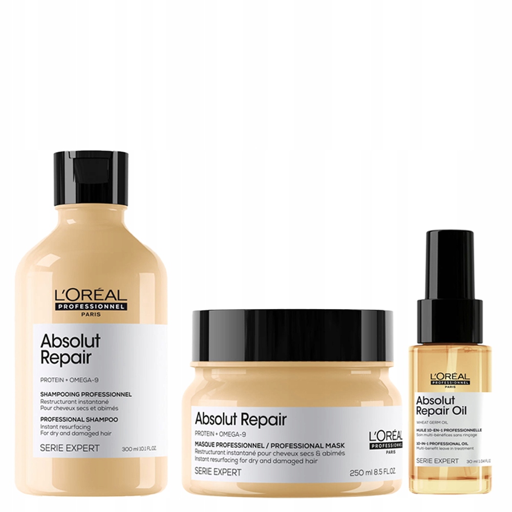 Loreal Absolut Repair zestaw do włosów zniszczonych szampon maska olejek 30