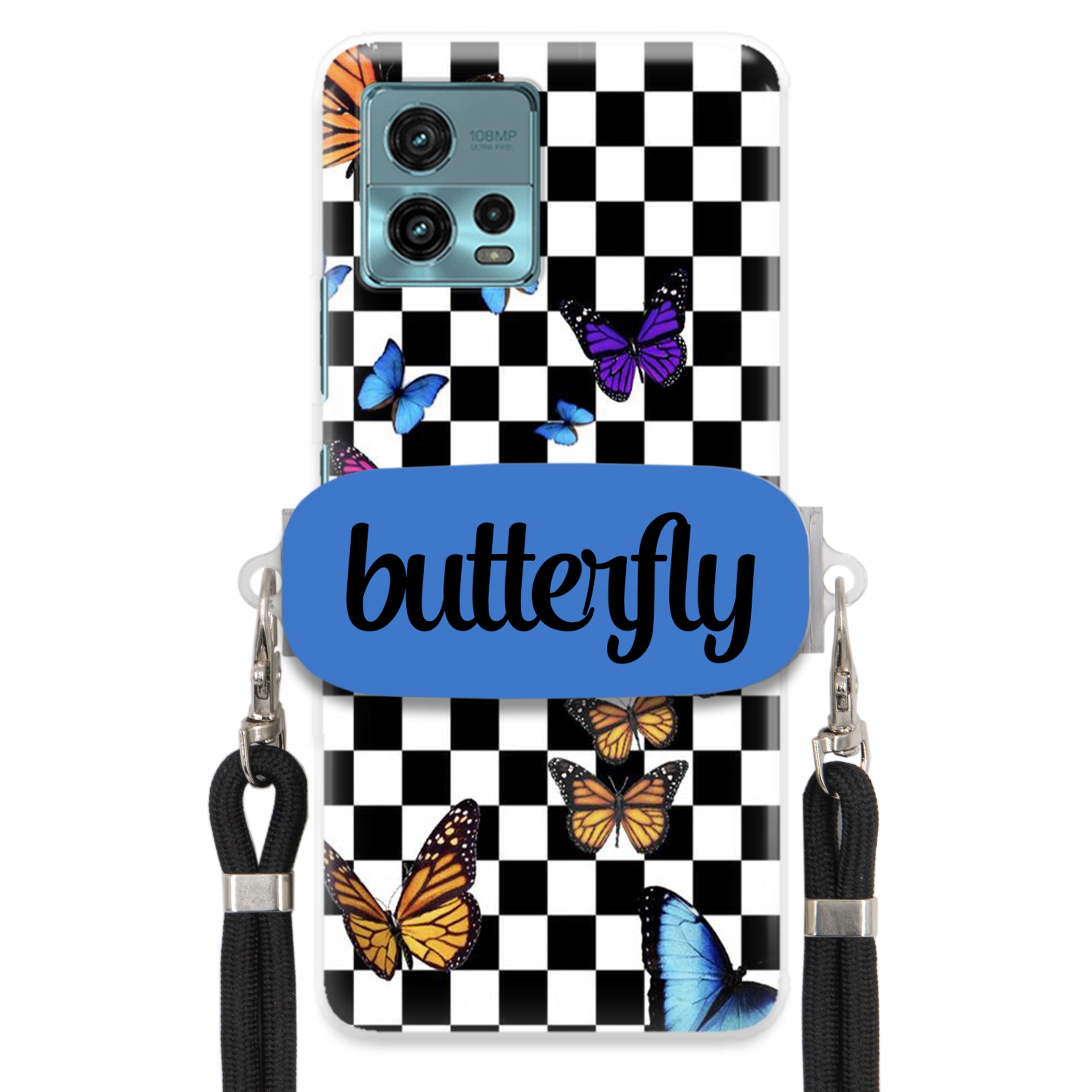 Puzdro Pre Motorola G72 Puzdro Držiak Obdĺžnikové Čierne Vodítko Butterfly Motýle