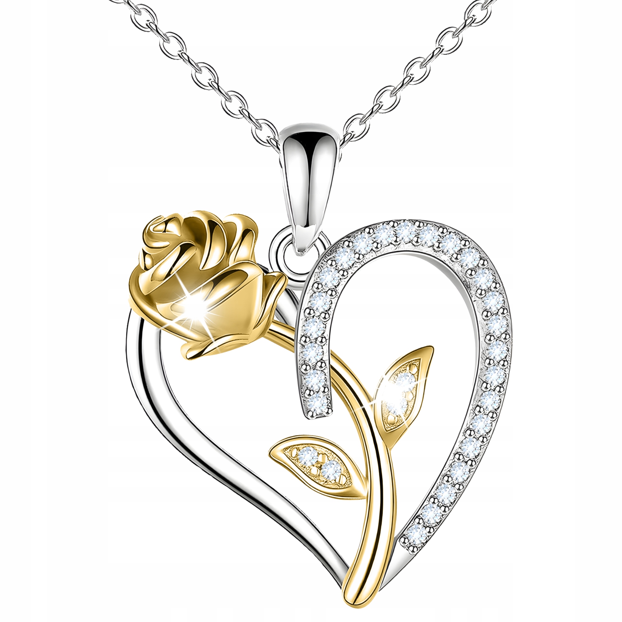 Náhrdelník 925 Srdce Zlatá Růže se Srdíčkem a Zirkony Květina Zirkony Srdíčko