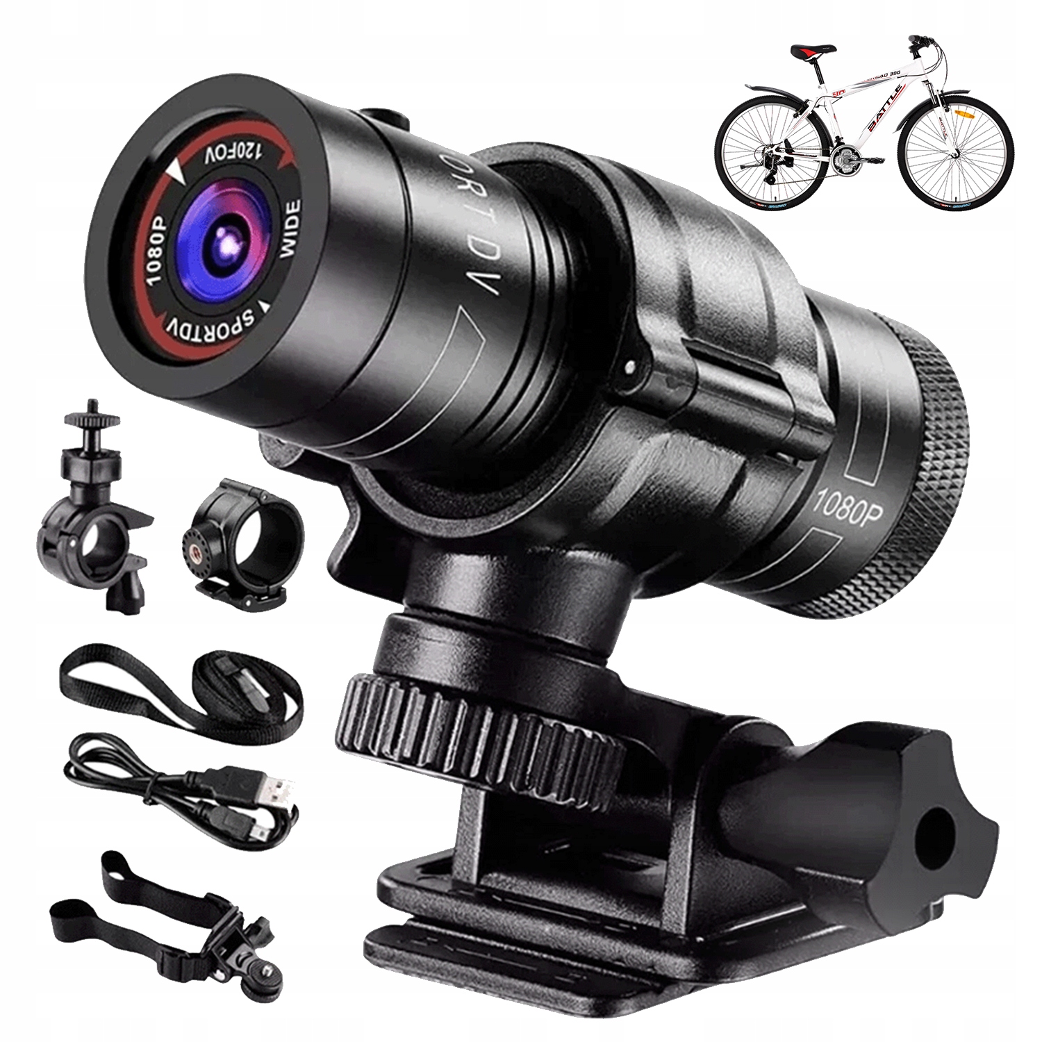 Rejestrator 120° Sportowy Do Roweru Kaska Full Hd 1080P Wodoodporny Czarny