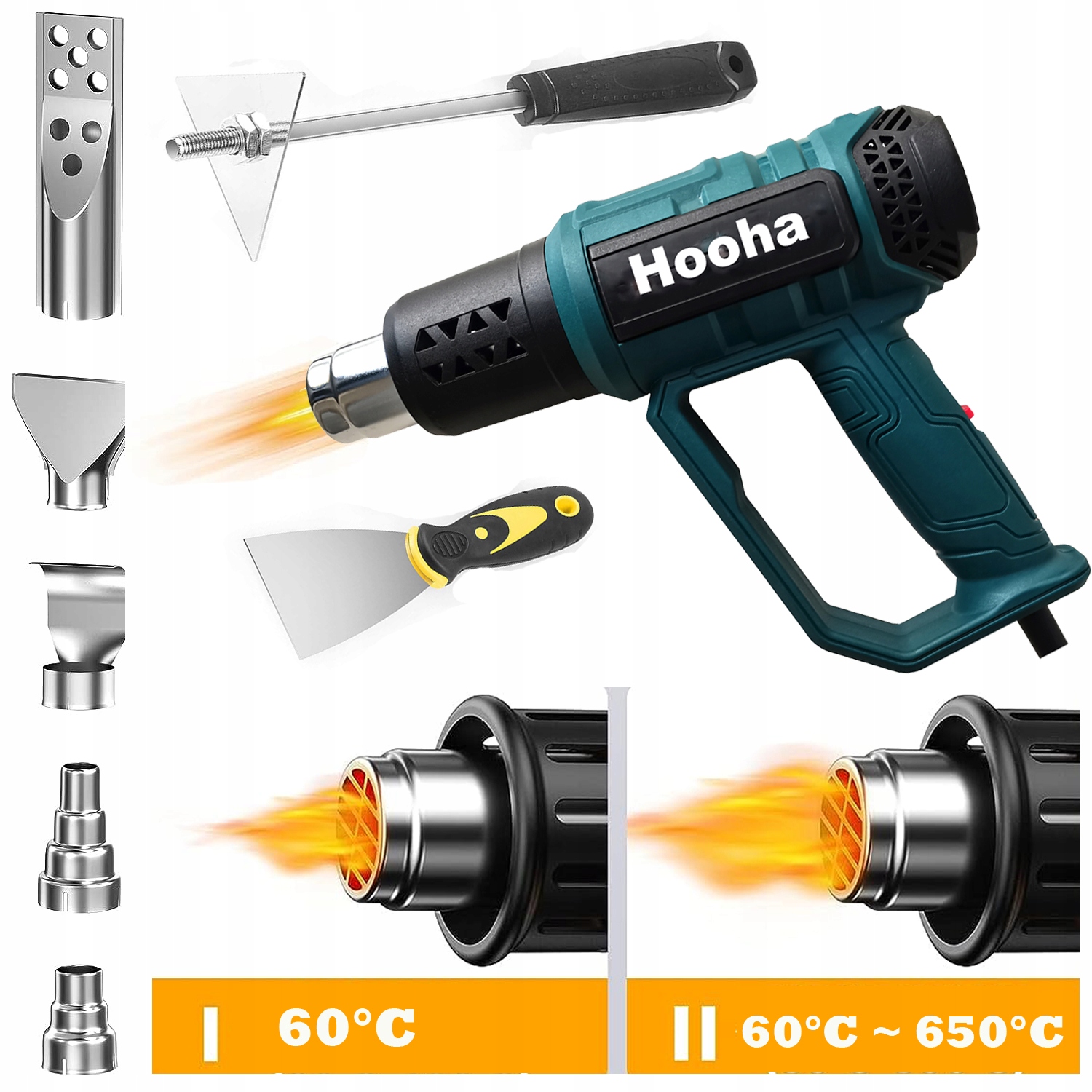 Horkovzdušná Pistole Elektrická Silná 2 Rychlosti Regulace 600°C 2000W 5 Trysky LCD 230V