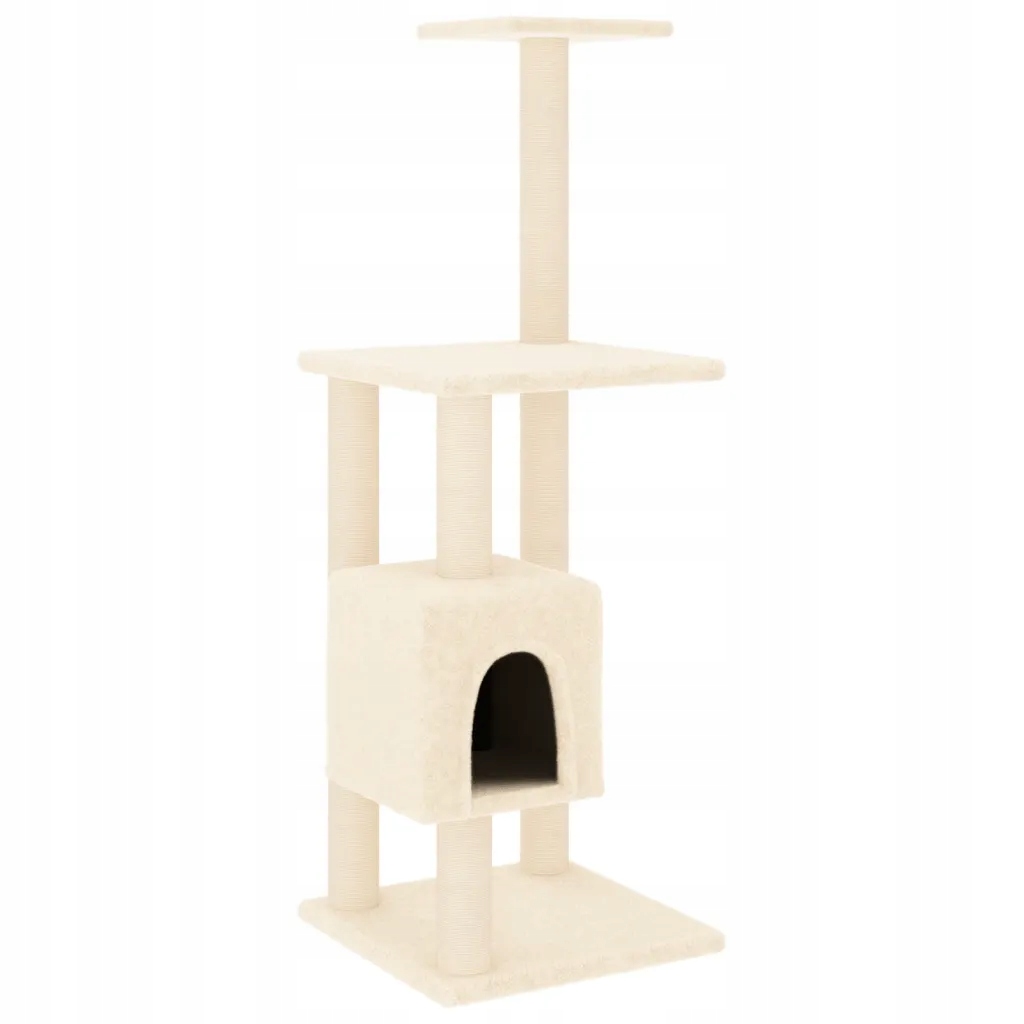 Levně Škrabadlo pro kočky s domečkem a plošinami, krémové, 42x42x104 cm