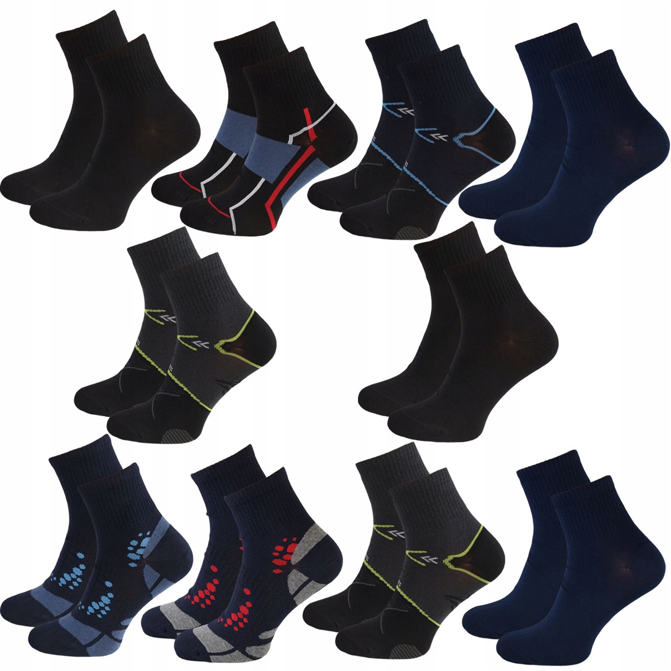 10-PAK Pánské Ponožky Pohodlné Dlouhé Kotníkové Ponožky Barevné vzory Bavlna 44-46