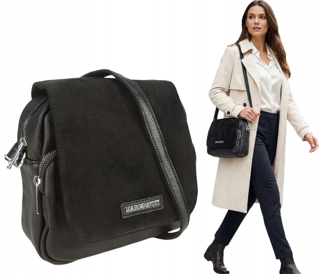 Listonoszka Damska Z Zamszem Duża Torebka Na Ramię Z Klapą Czarna