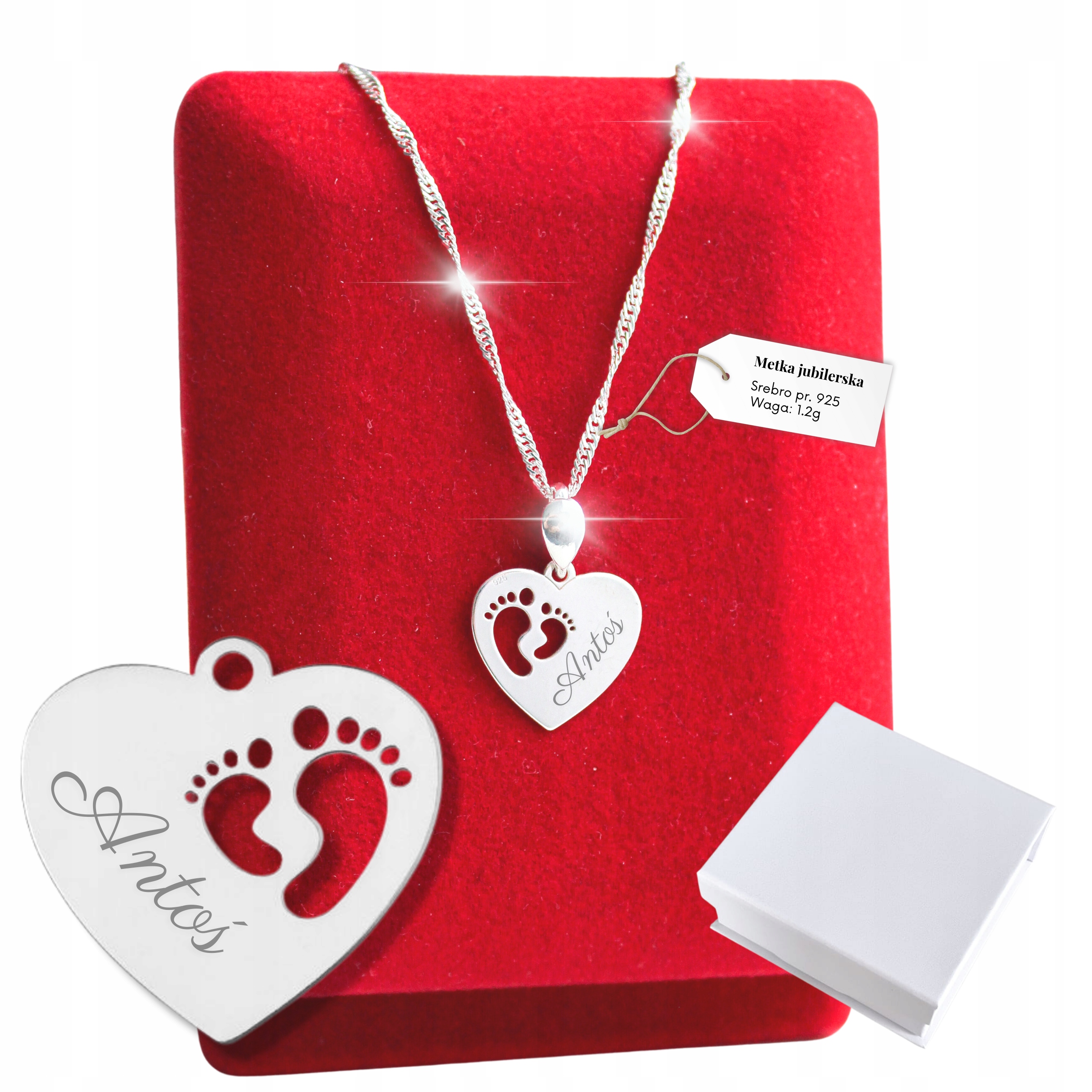 

Srebrny Naszyjnik 925 Grawer Serce Stópki