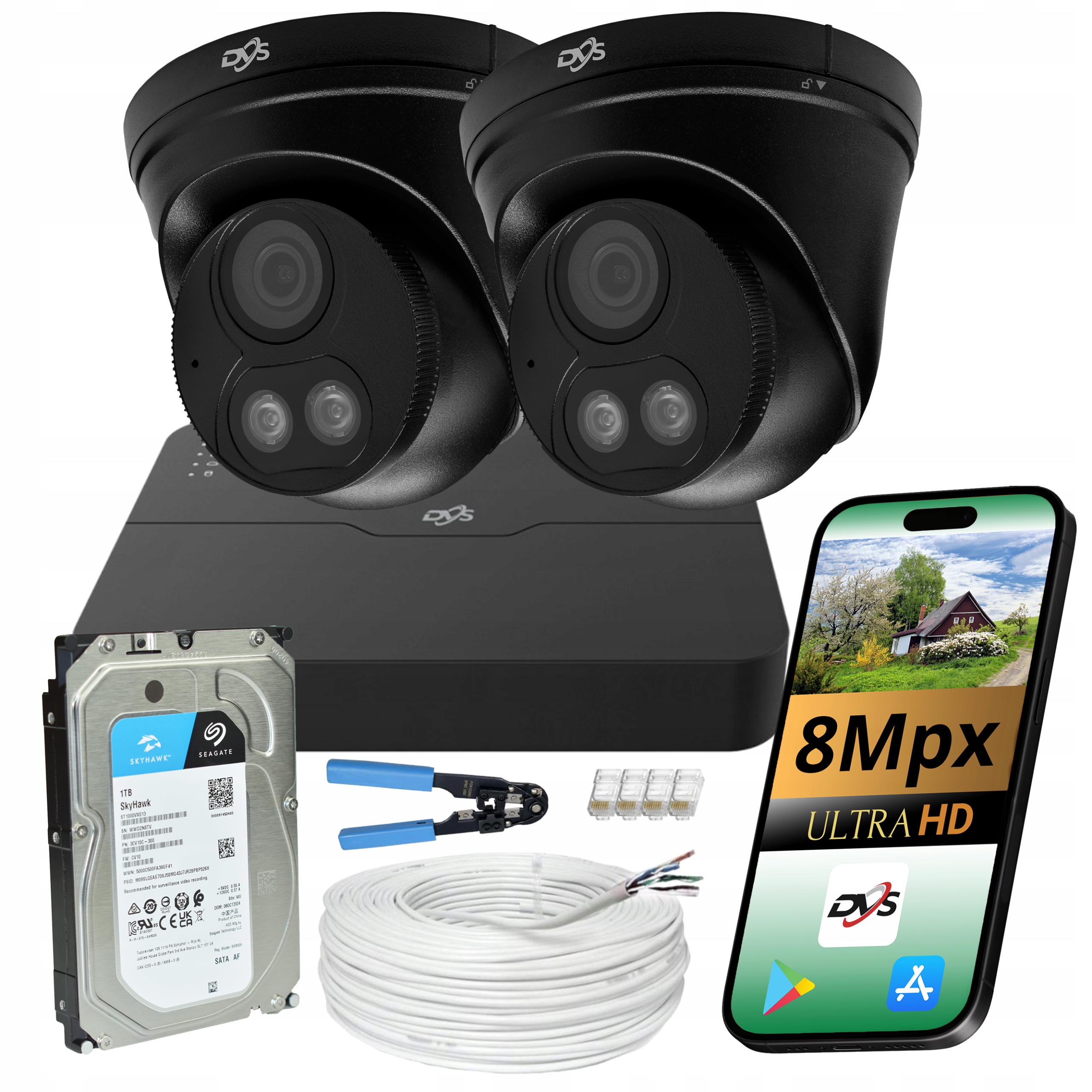 Venkovní Monitorování 4K 2x Kamera Dvs Hybridní Ip Poe Disk 1TB Aplikace