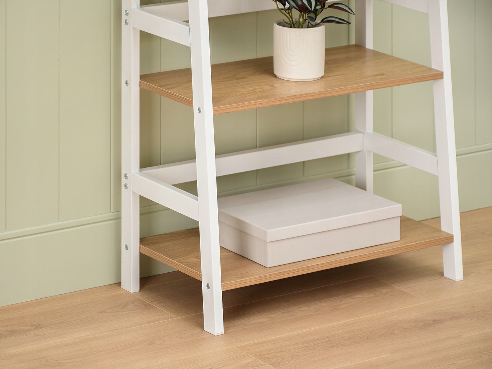 MOCNY STABILNY REGAŁ DRABINA TOWER BIAŁY Z PÓŁKAMI DAB SONOMA DO BIURA DOMU Liczba półek 5