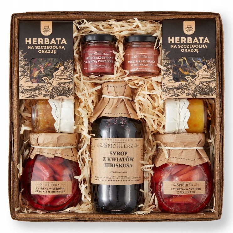 duży kosz prezentowy Syropy konfitury herbaty Miody kremowane