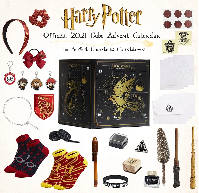 Адвент-календарь Harry Potter 2021 в форме куба, 24 сюрприза: украшения, аксессуары и носки — фото 2