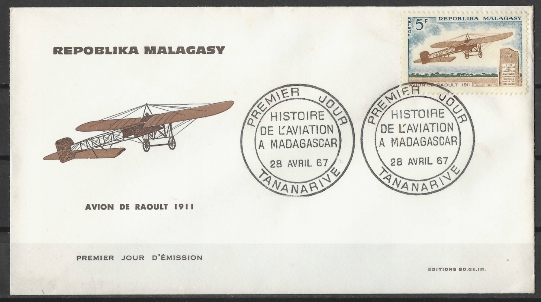 Madagaskar - koperta,FDC,lotnictwo (28/04/1967)