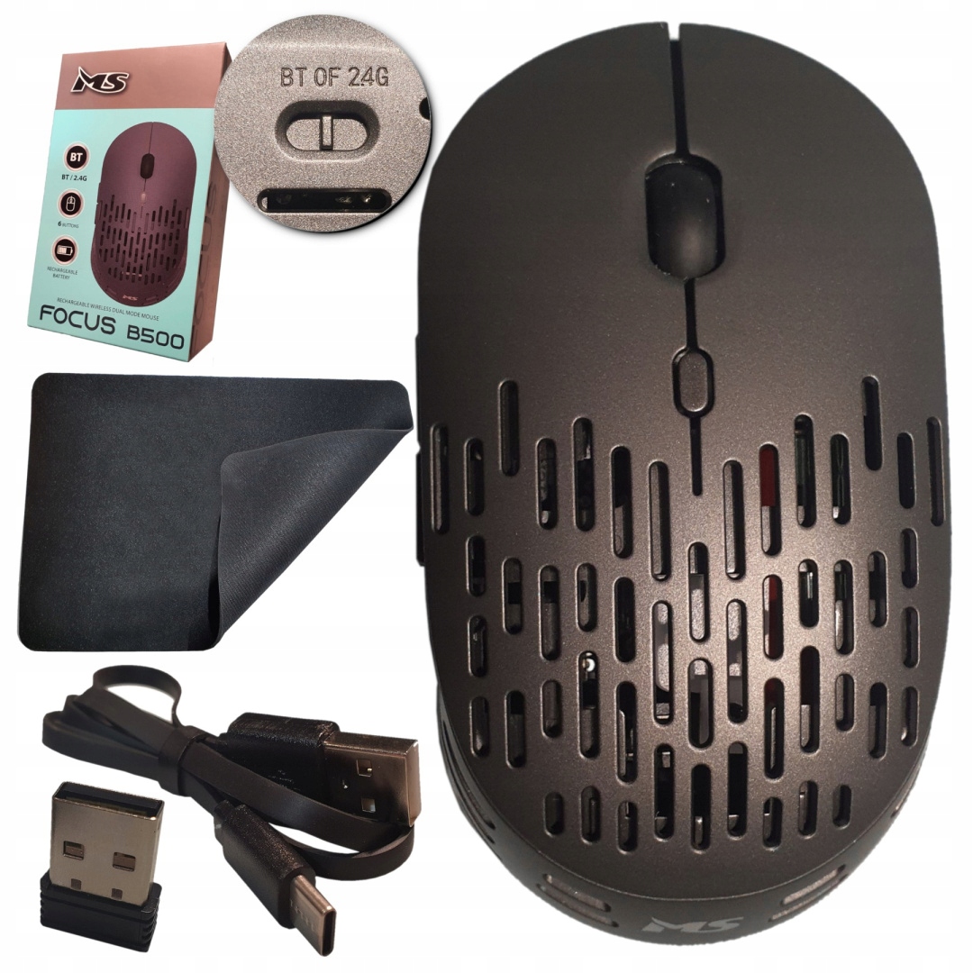 Myš Ms Focus B500 Rf+bt 1600DPI 6P Ocelově Šedá Akumulátorová S Podložkou