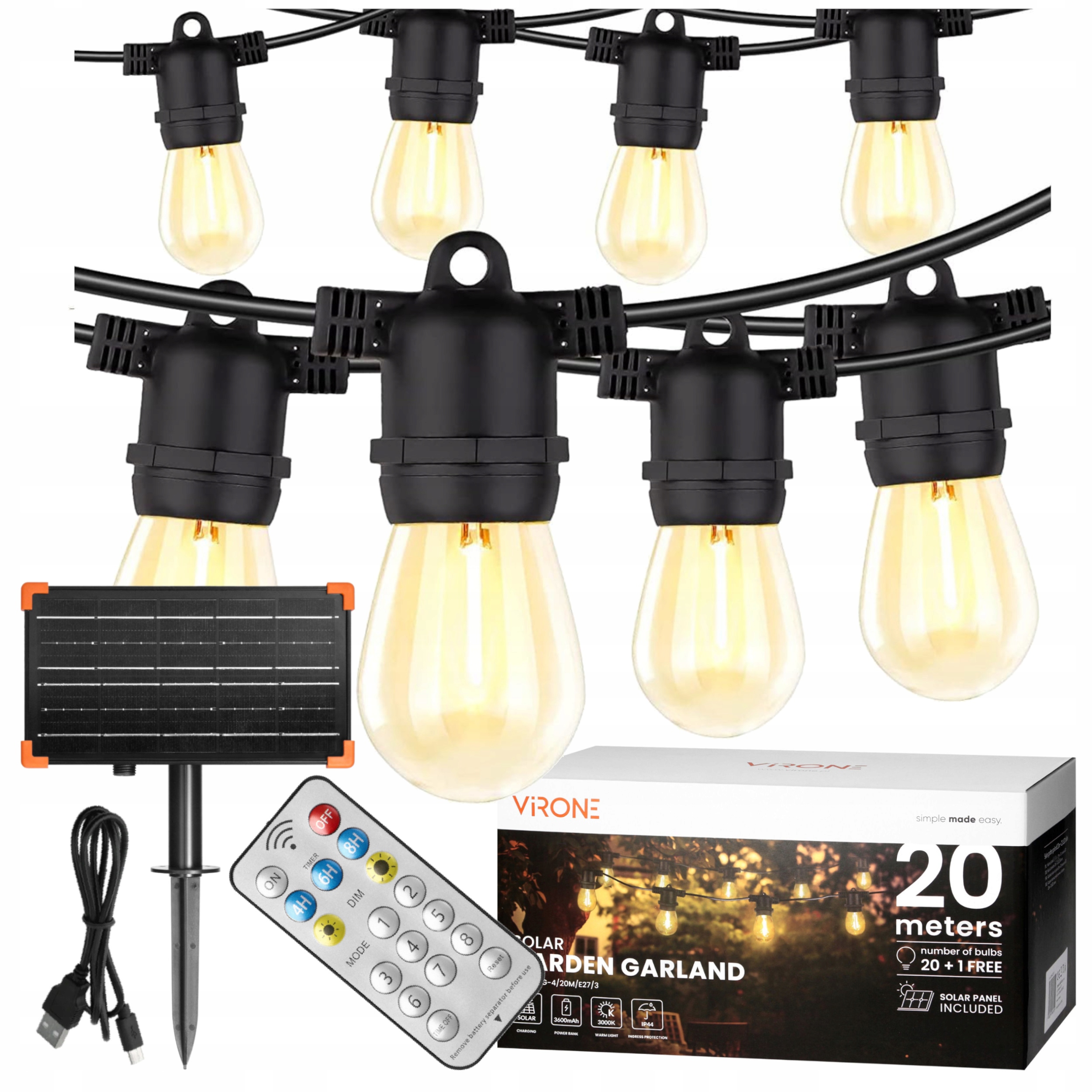 Girlanda Solarna Ogrodowa Lampki Solarne 20m 21x Żarówka E27 Led Pilot