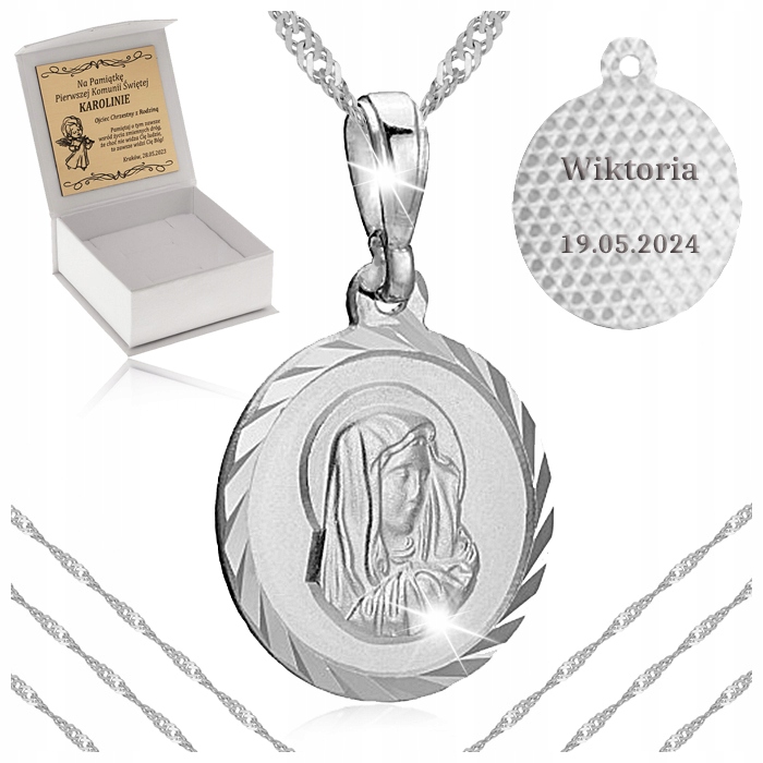 SREBRNY ŁAŃCUSZEK Z MEDALIKIEM PR. 925 PAMIĄTKA I KOMUNII ŚWIĘTEJ + GRATISY