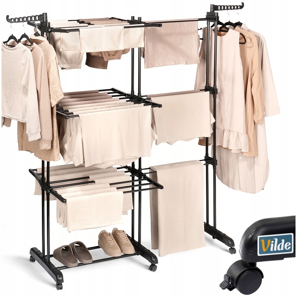 Levně Kovový černý vertikální výsuvný věšák na prádlo XXL 78-130x64x172 cm