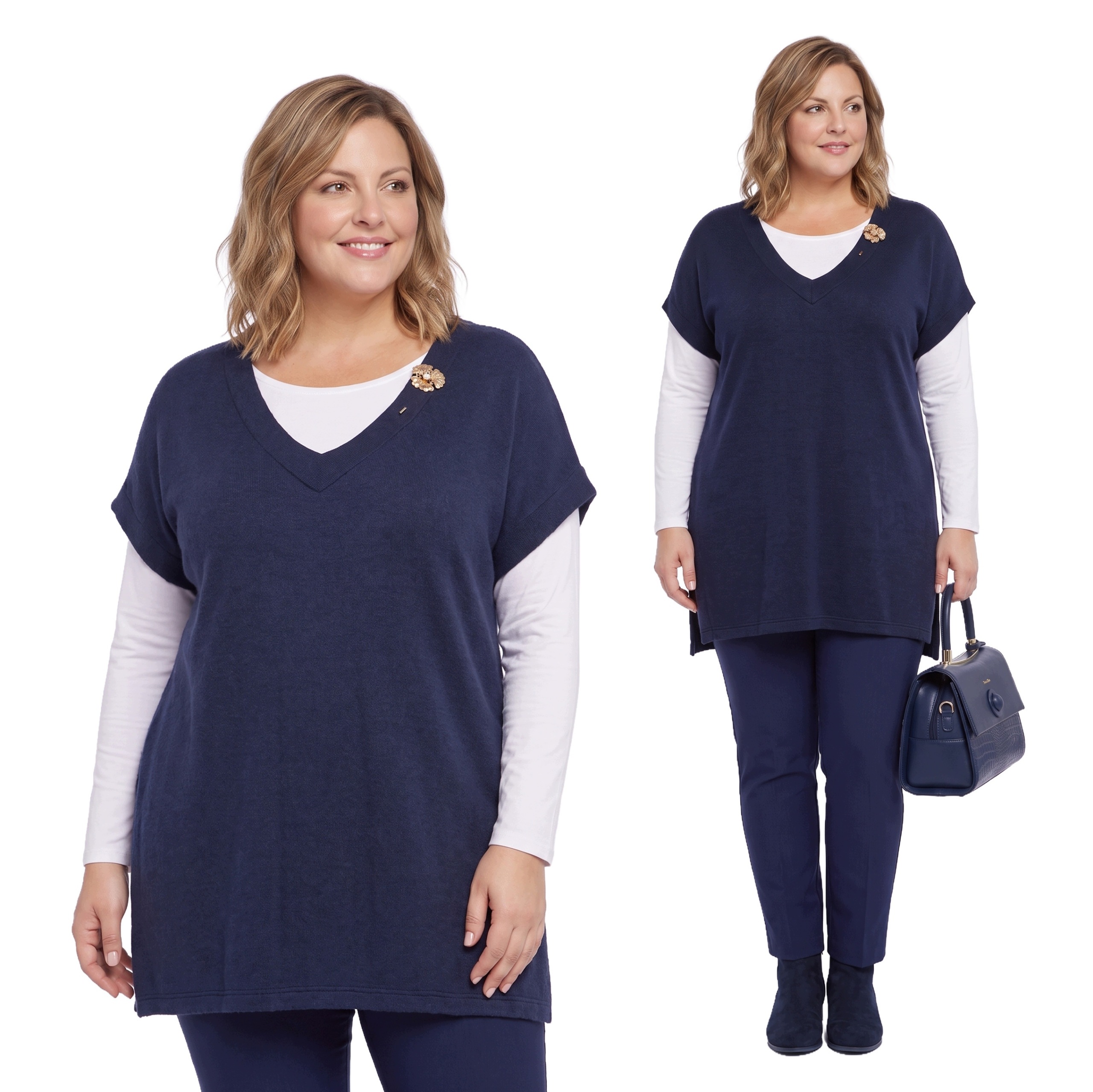 Tmavě modrý svetr se zlatou broží plus size velikost 48
