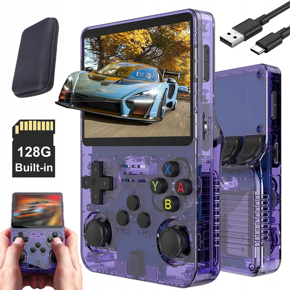 KONSOLA RETRO R36S HANDHELD 21000GIER PAMIĘĆ 32GB 128GB JOYSTICK FIOLETOWA