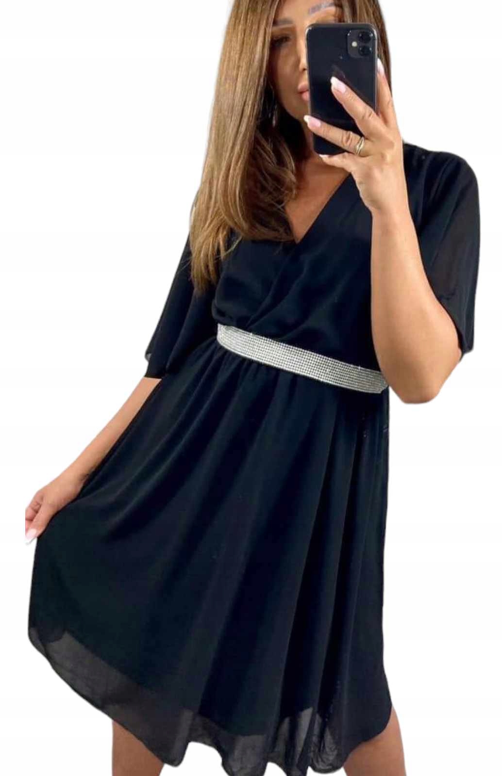V740 Elegantní Perlové Šaty S Ozdobavným Páskem, Černé, vel. 44 (2XL)