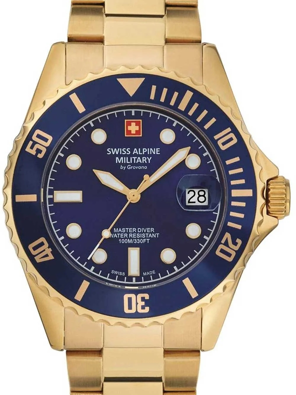 Hodinky Swiss Alpine Military 7053.1115, zlatý náramek, modrý ciferník