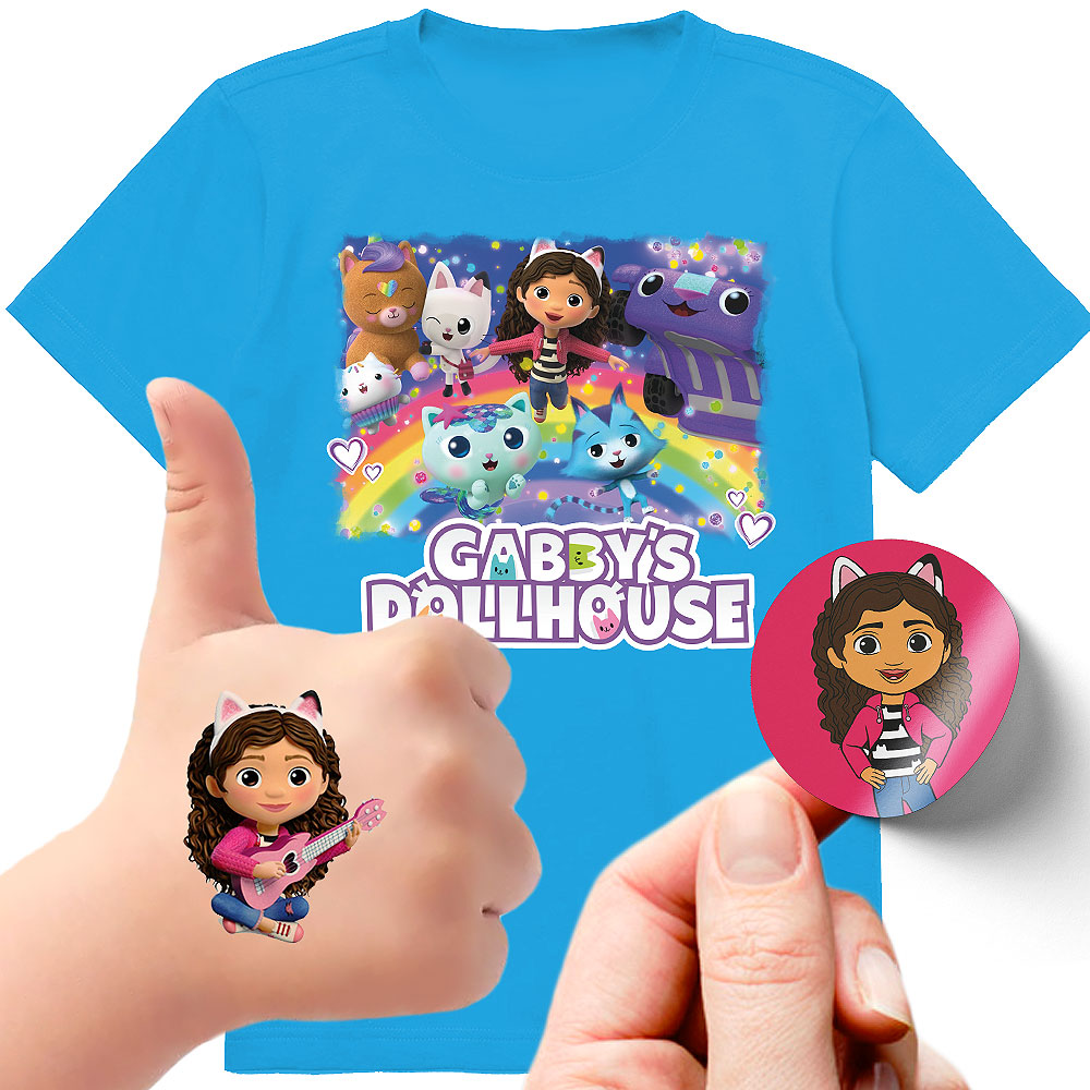 ZESTAW 3W1 KOSZULKA DLA DZIECI TATUAŻE NAKLEJKI KOCI DOMEK GABI 104 JAKOŚĆ