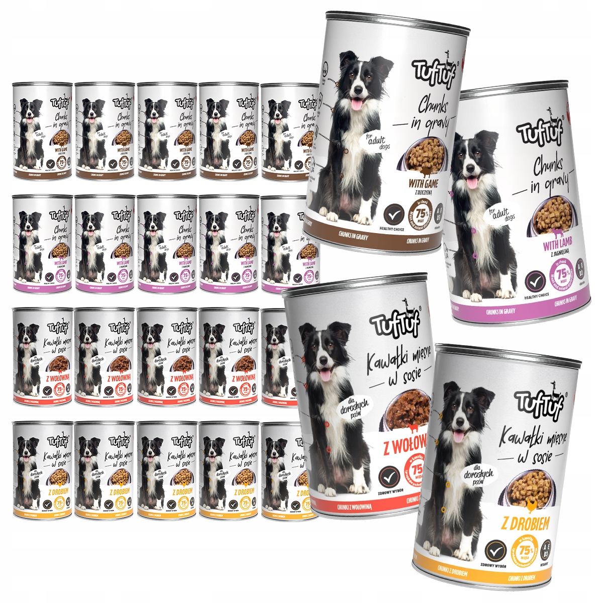 Levně Vlhké Krmivo Pro Psa TufTuf konzerva s kousky masa MIX Chutí Set 24x415 g