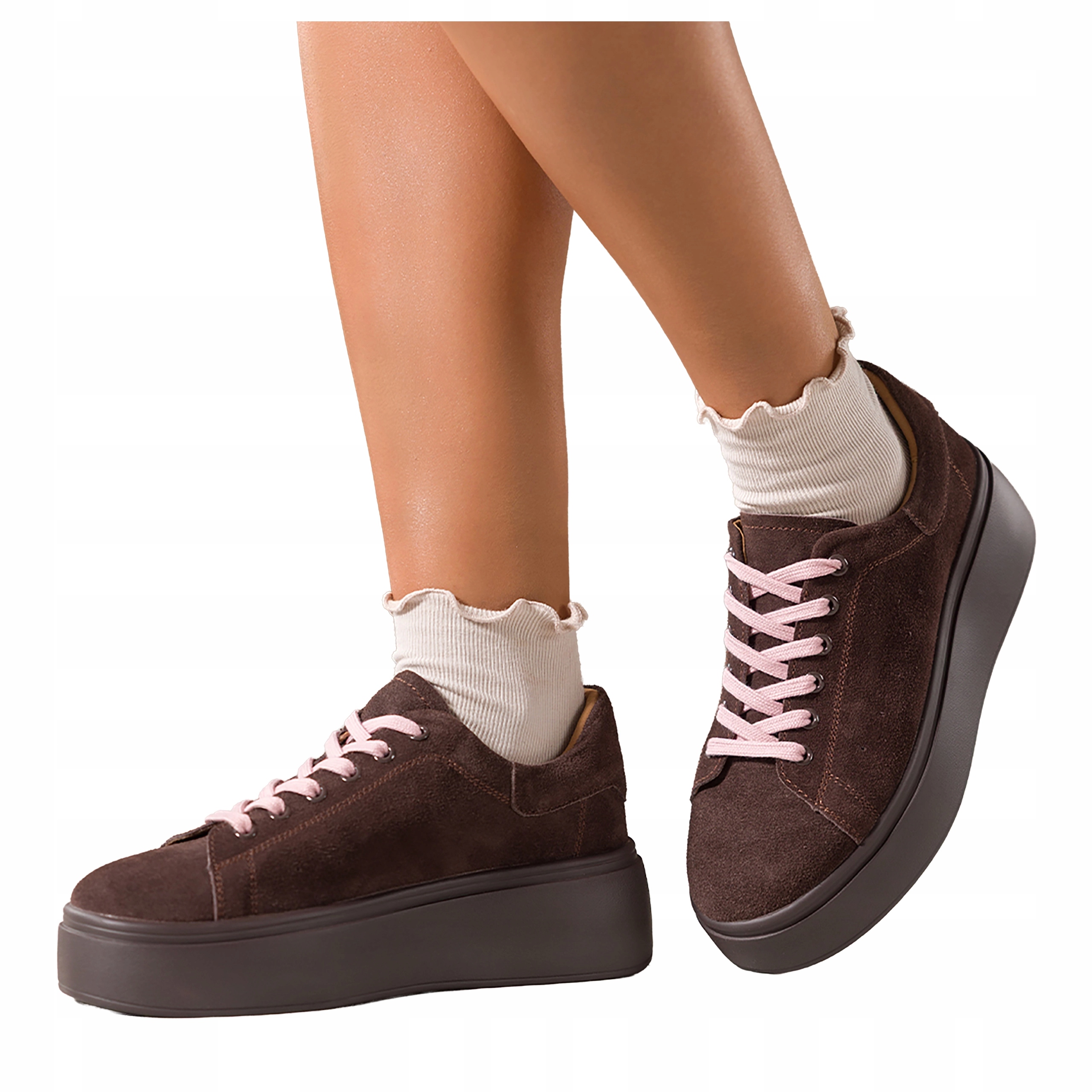 Dámské čokoládové Sneakersy Creepersy Kožené Šněrovací Platforma, velikost 36