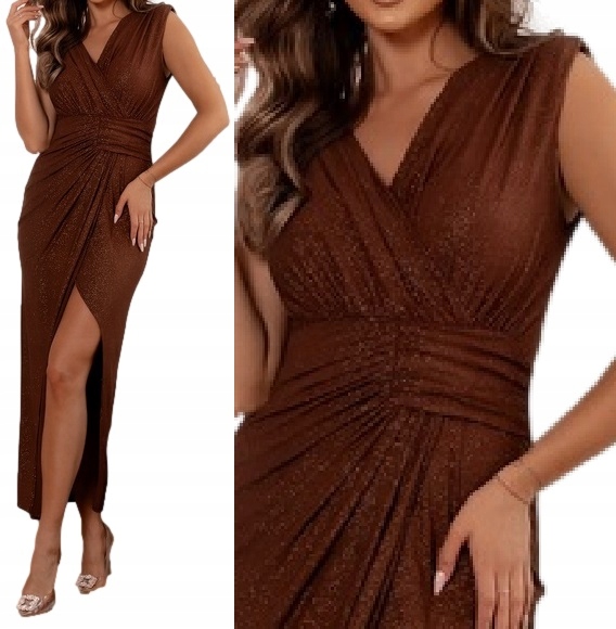 Długa Brokatowa Sukienka Z Marszczeniami Wesele