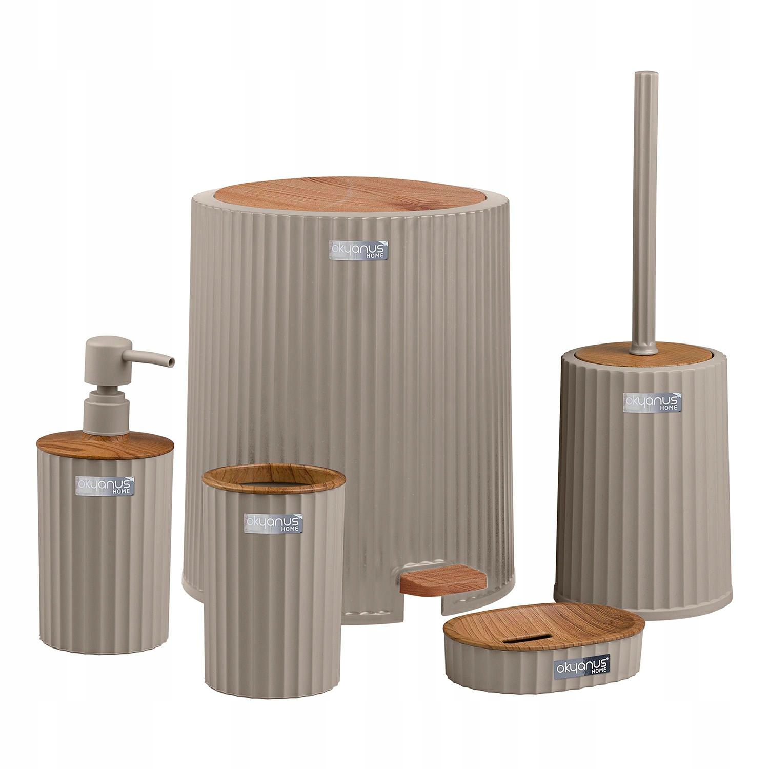 Koupelnová Sada 5 ks Coliseum Komplet na Wc béžová/dřevo koš kartáč